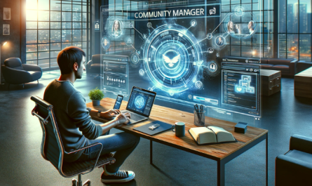 Visualize a contemporary, non-futuristic setting featuring a community manager at work. The scene captures a professional environment with a modern office desk, a laptop, a smartphone, and possibly a notepad. The community manager is engaged in managing social media platforms, depicted by the open tabs on the laptop screen showing different social media interfaces. The manager is focused, typing and interacting with the digital content. The room has a casual, yet professional atmosphere, with a large window showing a cityscape in the background. This image represents the day-to-day work of a community manager in a current-day setting, without any futuristic elements.